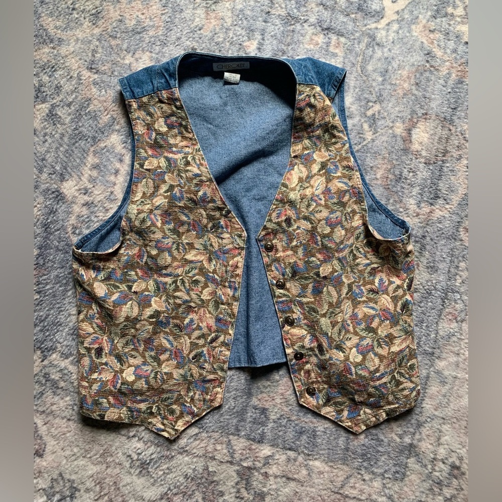 Vintage Floral Tapestry Vest with Denim Back